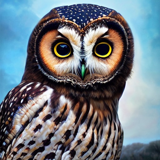 A full head photoshot, detailed photograph of a dreaming owl in a distance landscape, photorealism. (Thomas)