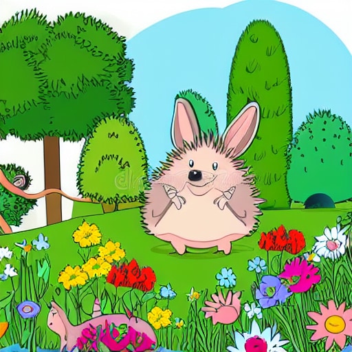 A garden landscape. A cartoon concept with a spring and summer garden scene featuring a hedgehog and a rabbit. A vector illustration. (Marco Uras)