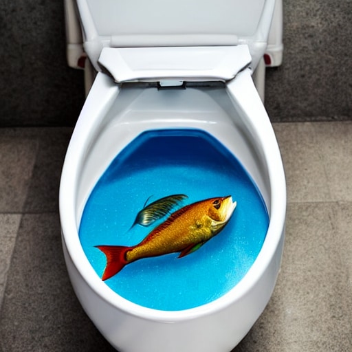 A toilet bowl from above with a fish in the water. (swissxprint.ch)